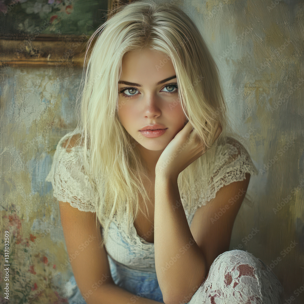Fototapeta premium portrait of a young girl with platinum blonde hair and expressive blue eyes 