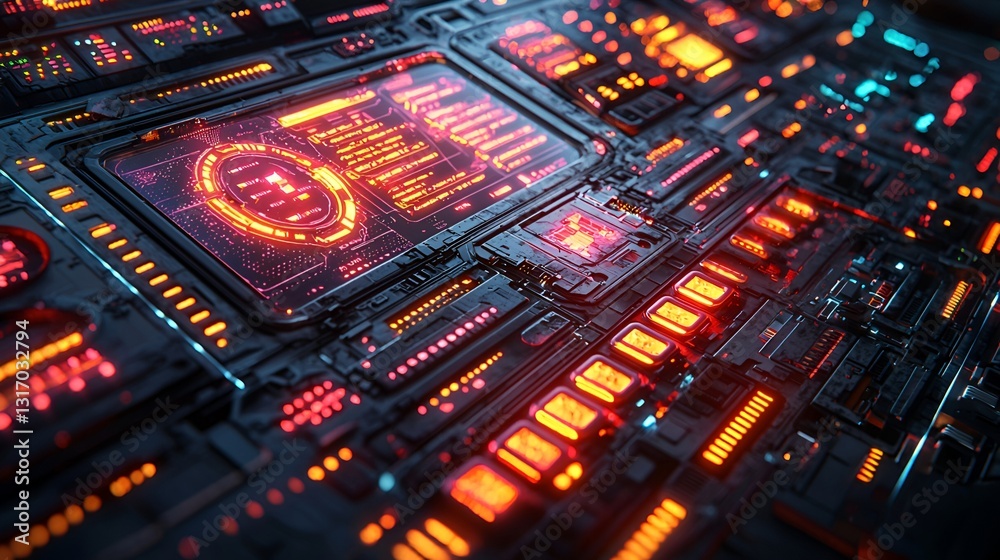 Naklejka premium Futuristic circuit board with glowing displays