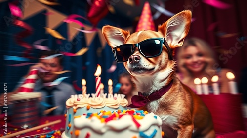 A Cool Chihuahua Celebrates His Birthday With A Delicious Cake, Surrounded By Friends And Confetti, In A Vibrant Party Atmosphere With Warm Lighting