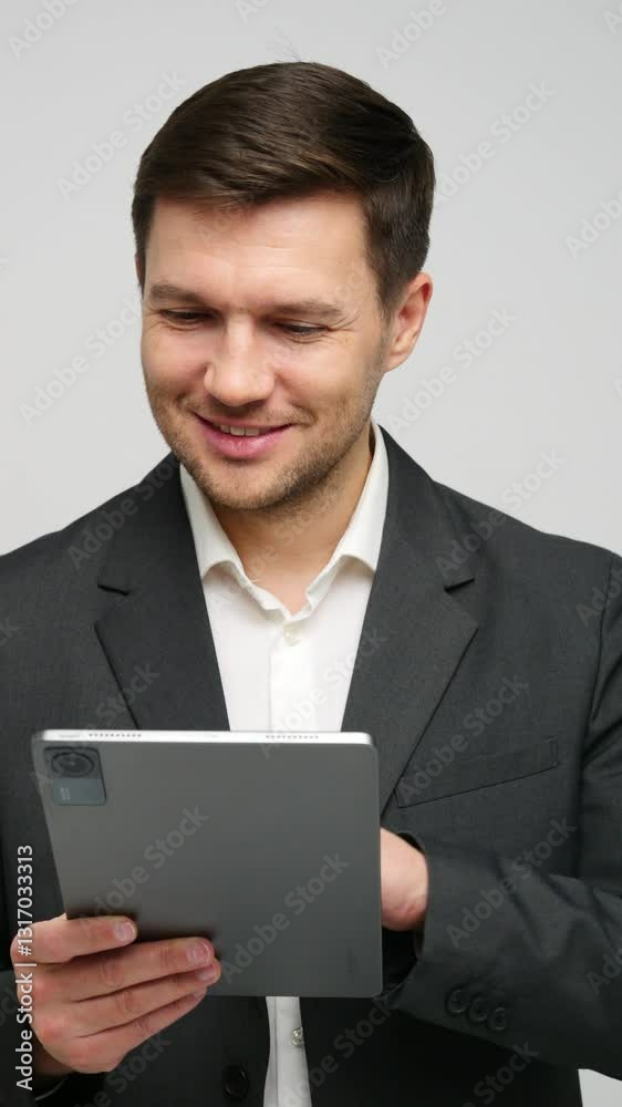 A man in a green shirt stands confidently with a tablet, displaying a friendly demeanor. A man in a green shirt stands confidently with a tablet, displaying a friendly demeanor.