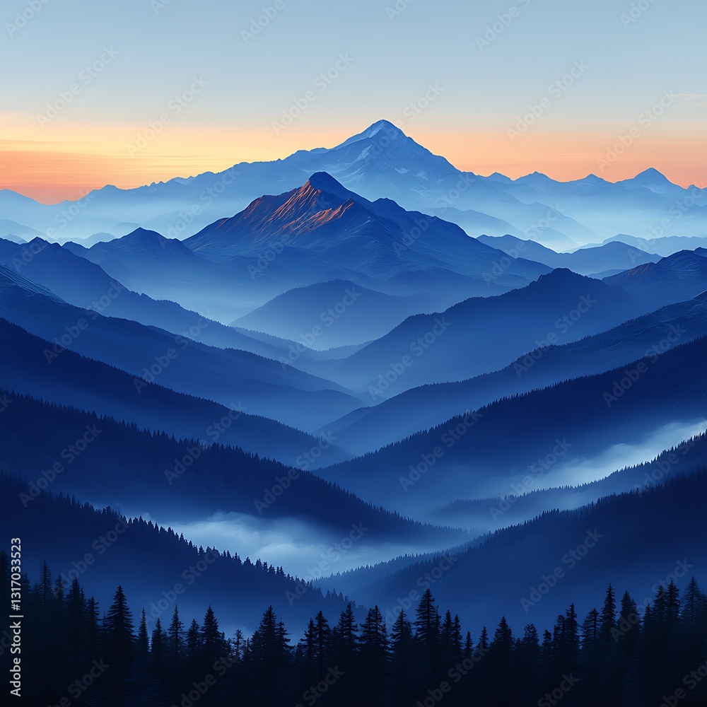 Fototapeta premium Layered Mountain Ranges at Dusk with a Hazy Blue Hue and a Warm Horizon
