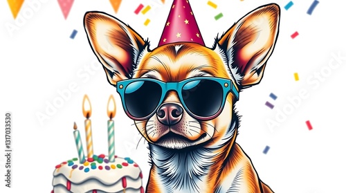 A Cool Chihuahua Celebrating Its Birthday With A Festive Party Hat, Trendy Sunglasses, And A Delicious Cake, Vibrant Colors And Bold Lines