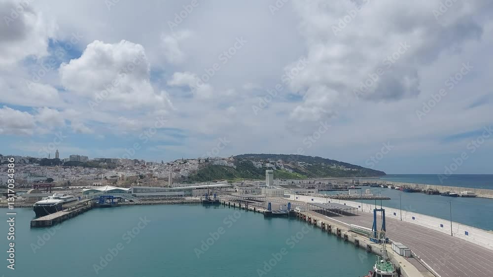 Moroco tangier apr 26 2024 Scenic View of Tangier Port and Cityscape Under Cloudy Skies Moroco tangier apr 26 2024 Scenic View of Tangier Port and Cityscape Under Cloudy Skies