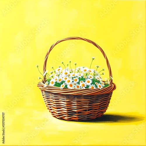 A Sunlit Wicker Basket Overflowing With Cheerful Daisies Against A Vibrant Yellow Backdrop, A Simple Yet Evocative Still Life Painting
