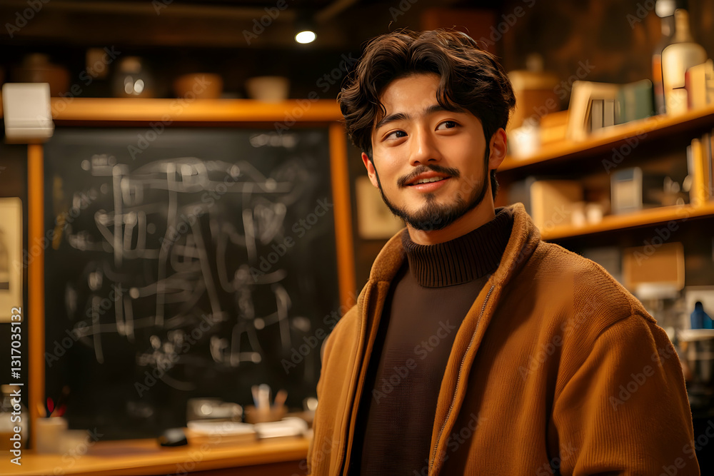 Obraz premium Man In Brown Coat Looking Thoughtful In Room With Bookshelf