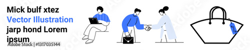 Three figures including a seated person using a laptop, two exchanging a formal handshake, and a sleek bag with a visible tag. Ideal for collaboration, e-commerce, retail, business, communication