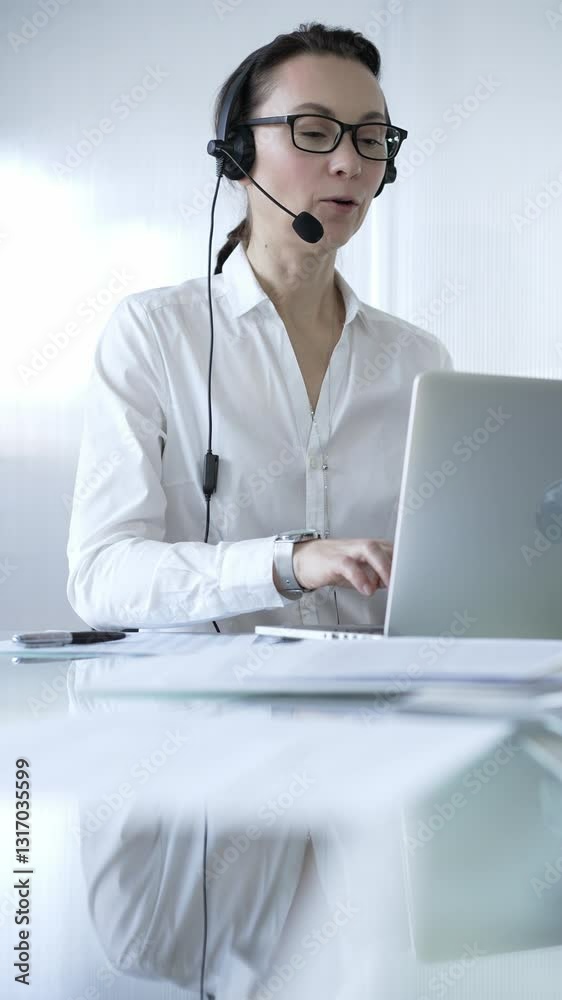 Female secretary wearing headset and working on laptop, providing customer support or online service. Business people concept Female secretary wearing headset and working on laptop, providing customer support or online service. Business people concept