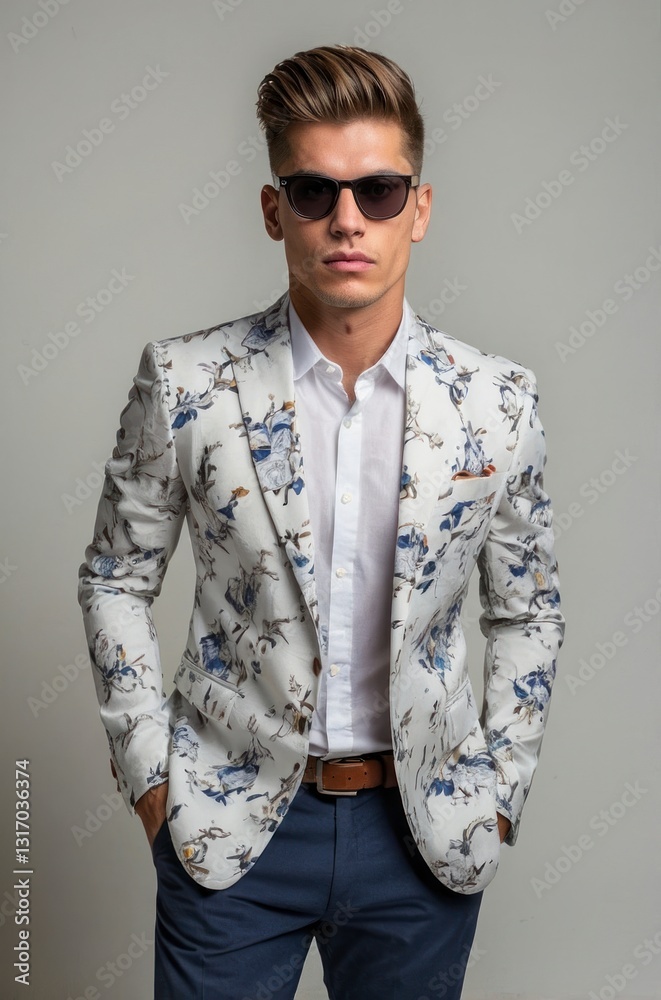 Fototapeta premium Floral Print Mens Blazer Stylish Spring Fashion Outfit