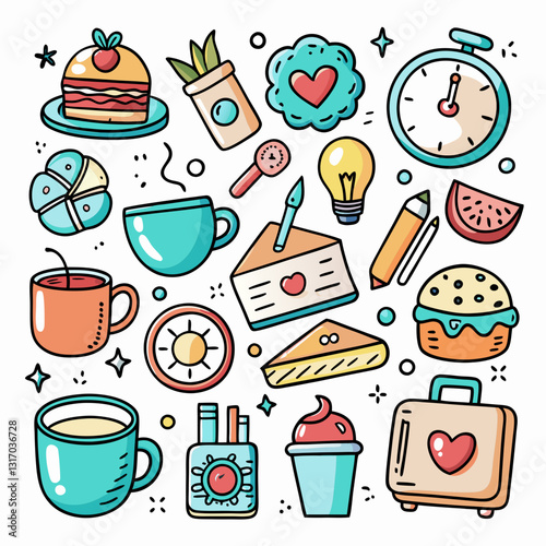 A set of cute hand-drawn doodle icons in a playful and sketchy style, perfect for stickers, digital designs, and branding. Created with generative AI