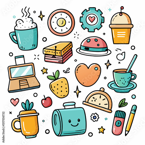 A set of cute hand-drawn doodle icons in a playful and sketchy style, perfect for stickers, digital designs, and branding. Created with generative AI