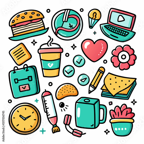 A set of cute hand-drawn doodle icons in a playful and sketchy style, perfect for stickers, digital designs, and branding. Created with generative AI