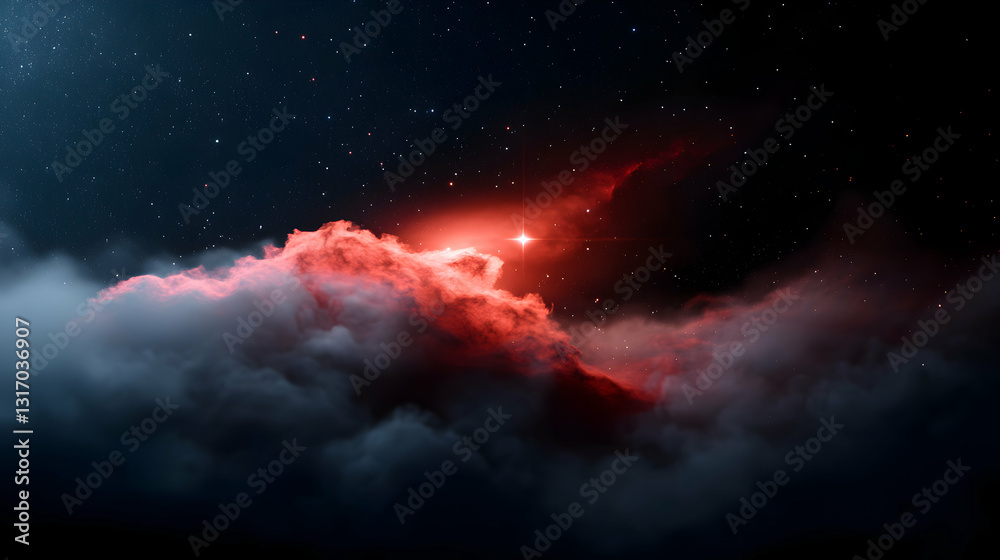 Fototapeta premium Red celestial clouds and stars illuminated in a dark night sky
