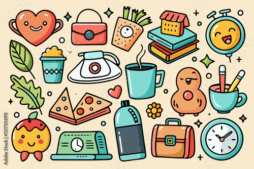 A set of cute hand-drawn doodle icons in a playful and sketchy style, perfect for stickers, digital designs, and branding. Created with generative AI