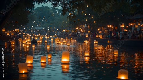 Yi peng lantern festival at night with illuminated lanterns floating on the water in Thailand