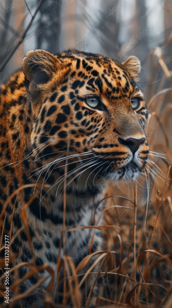 Obraz premium Amur leopard walking in a forest environment