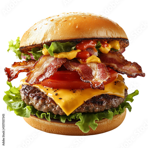 A Hearty Bacon Burger with Crispy Bacon Lettuce Tomato Isolated on Transparent Background