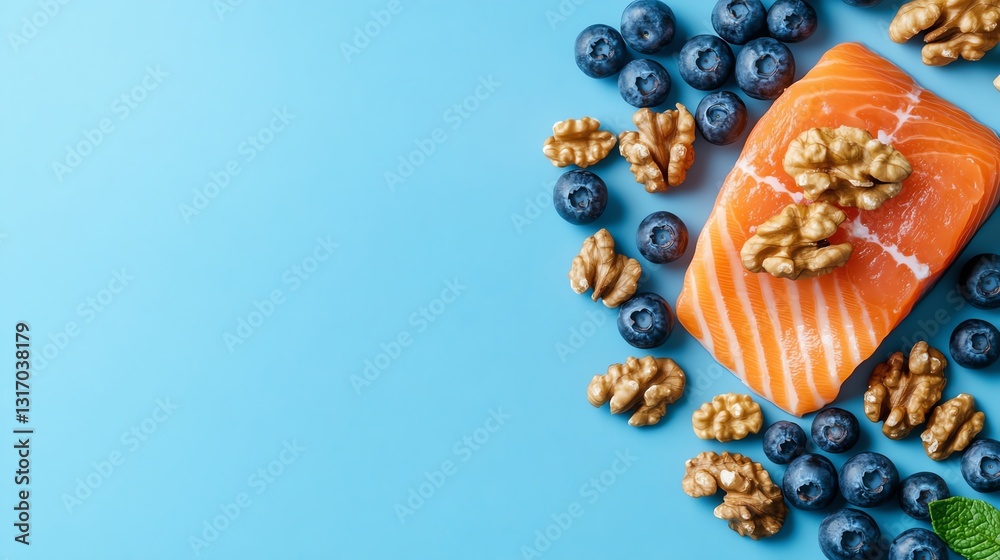 Fototapeta premium Salmon, blueberries, walnuts on blue background.