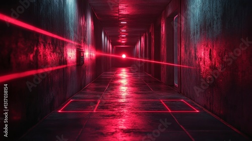High-tech laser grid trap glowing red in dark sci-fi environment digital art futuristic concept