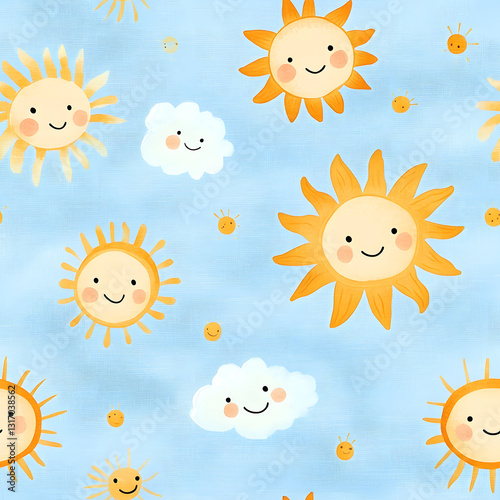 Seamless baby fabric pattern with smiling sun faces in warm golden hues