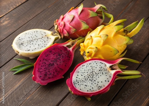 Exploring a vibrant collection of pitayas white red and yellow dragon fruits on rustic wood background photo