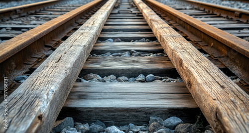 A low-angle, close-up shows parallel train tracks made of metal