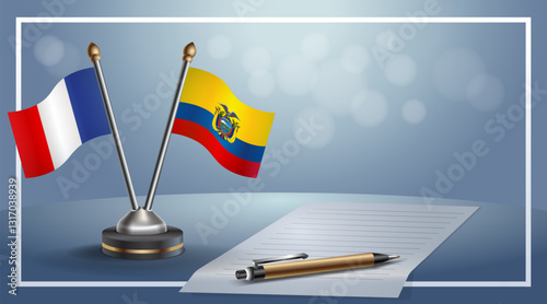 France and Ecuador National flags on small table with bokeh background, cooperative relationship. Template vector Illustration