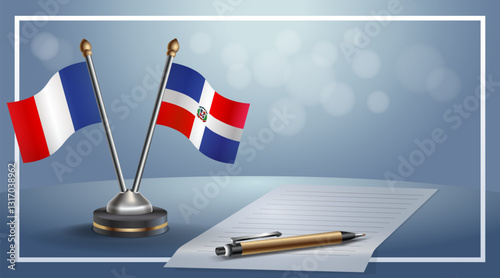 France and Dominican Republic National flags on small table with bokeh background, cooperative relationship. Template vector Illustration