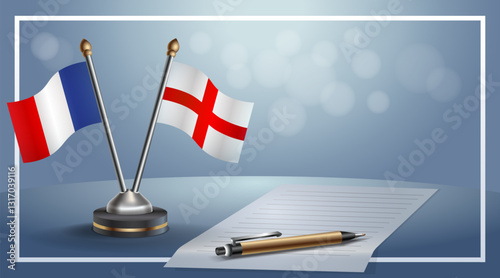 France and England National flags on small table with bokeh background, cooperative relationship. Template vector Illustration