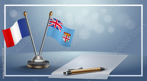 France and Fiji National flags on small table with bokeh background, cooperative relationship. Template vector Illustration