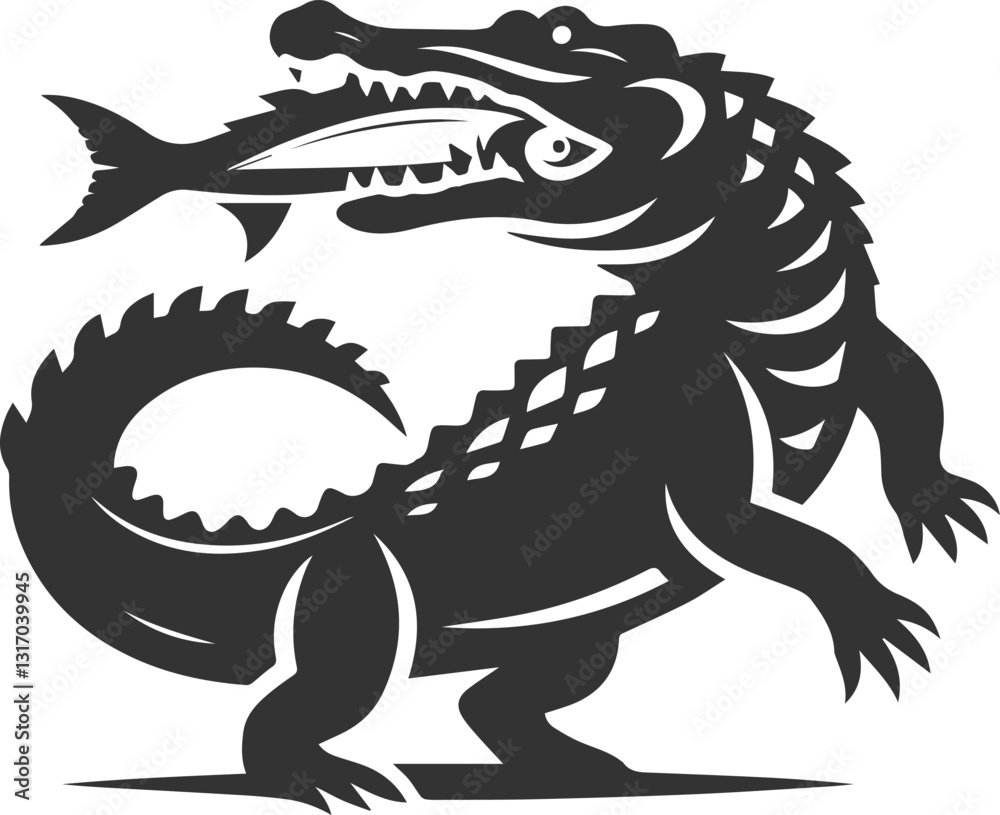 Crocodile carrying a fish in its mouth vector silhouette Crocodile carrying a fish in its mouth vector silhouette