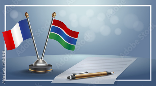 France and Gambia National flags on small table with bokeh background, cooperative relationship. Template vector Illustration