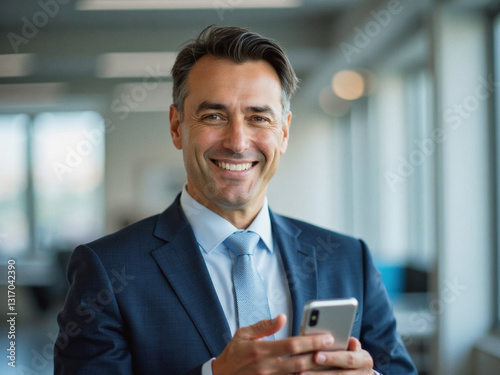 A portrait headshot photo of a professional CEO executive business worker: A man is shown smiling, holding a phone and wearing a blue suit.