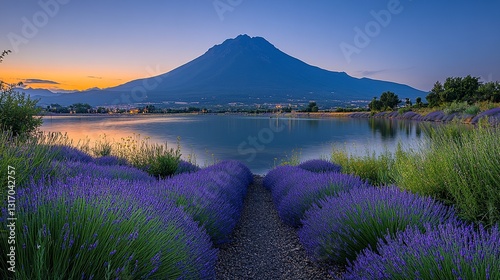 Serene lavender fields leading to a tranquil lake with a majestic mountain at sunset