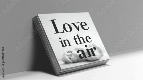 Modern and sleek design featuring quote Love in air on stack of prints, conveying sense of romance and creativity