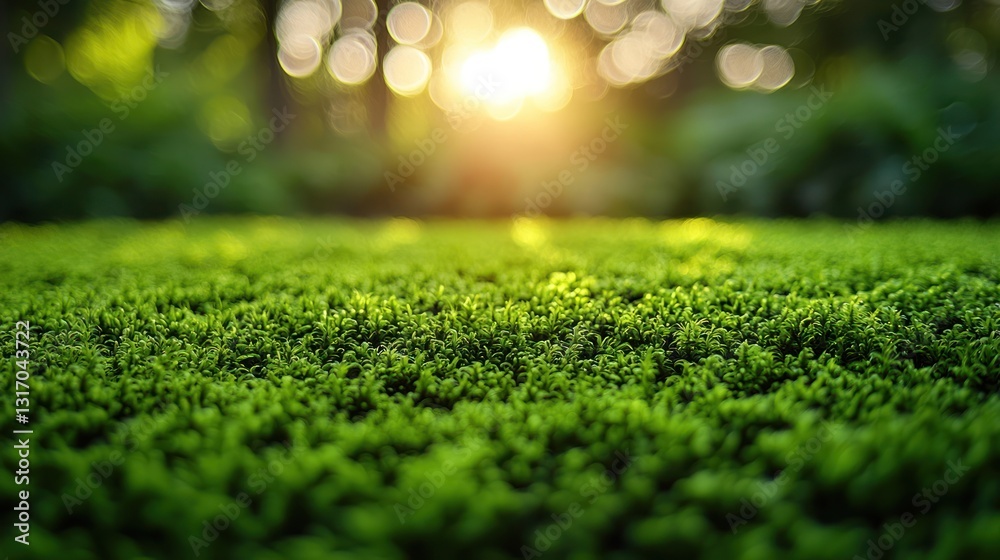 Fototapeta premium Lush Green Grass with Soft Sunlight and Bokeh Background Effects
