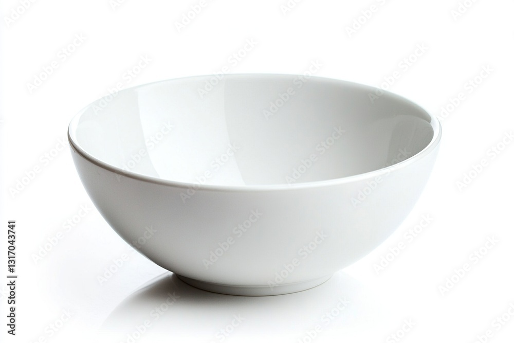 A pristine white bowl on a reflective surface isolated on white, showcasing its smooth design and simplicity A pristine white bowl on a reflective surface isolated on white, showcasing its smooth design and simplicity