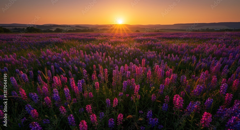 Fototapeta premium Serene Sunset Illuminates Purple Flower Field. AI Generated