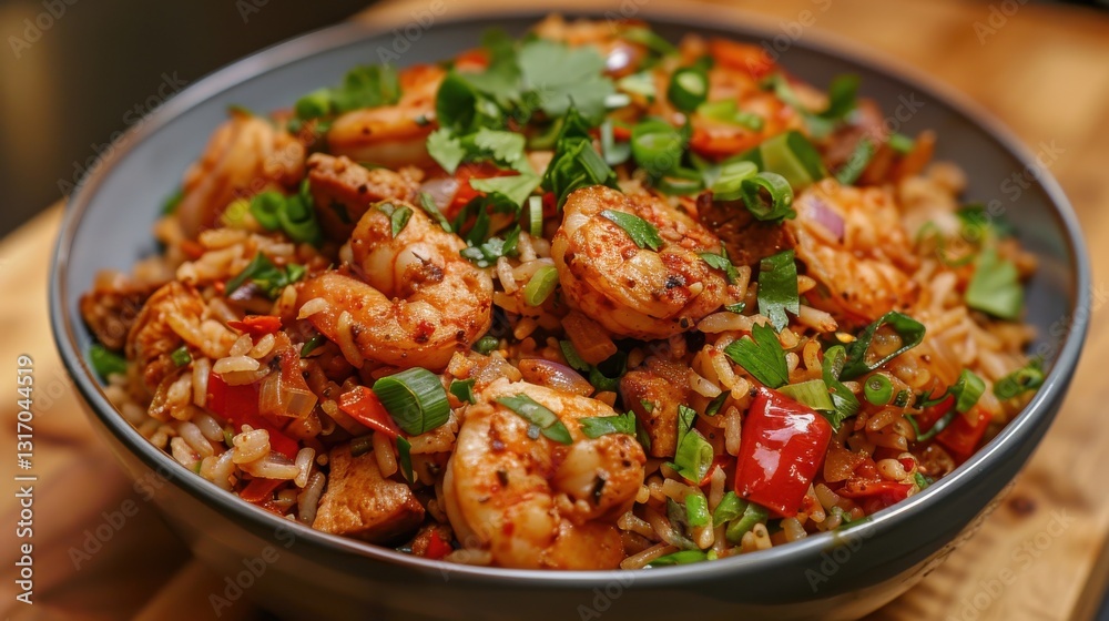 Delicious shrimp and chicken fried rice with colorful vegetables and herbs in a bowl, perfect for a vibrant meal presentation Delicious shrimp and chicken fried rice with colorful vegetables and herbs in a bowl, perfect for a vibrant meal presentation