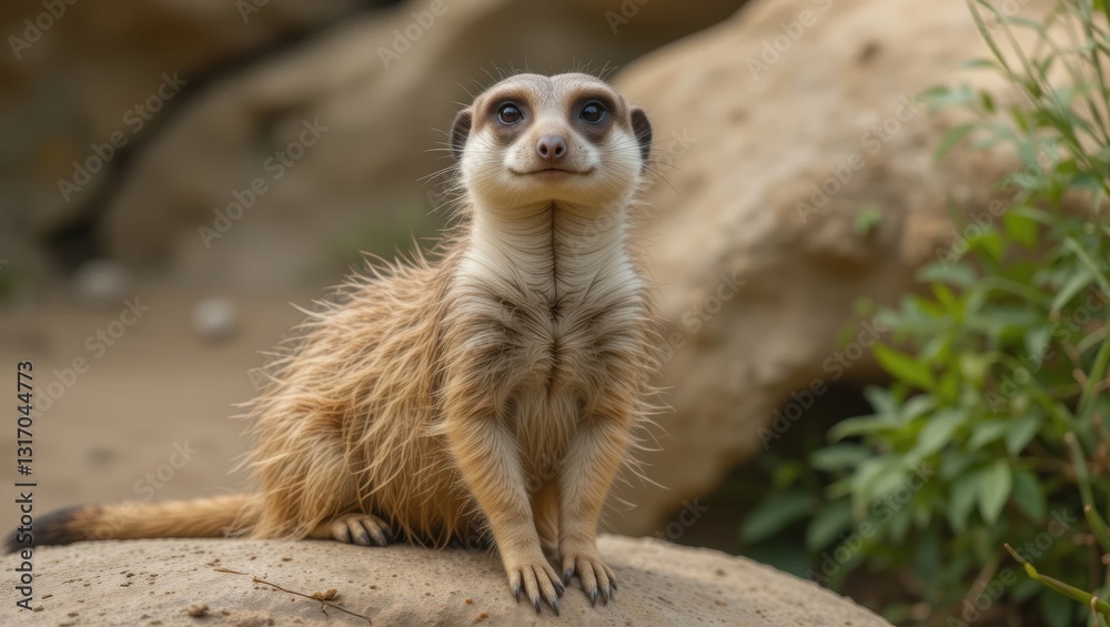 Close-Up Portrait of an Alert Meerkat Sitting on a Rock in Its Natural Habitat Close-Up Portrait of an Alert Meerkat Sitting on a Rock in Its Natural Habitat