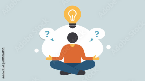 Reflective Thinking A person sitting crosslegged with a thought bubble above their head containing a light bulb and question marks. This illustrates them pondering and processing