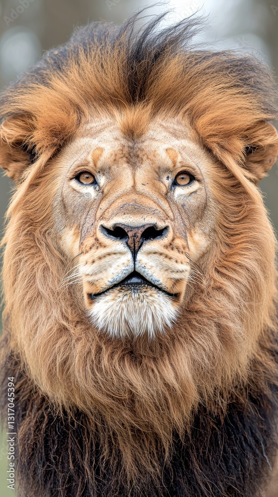 Majestic Lion Portrait Front View, Regal King of the Jungle with Intense Eyes and Striking Mane. Majestic Lion Portrait Front View, Regal King of the Jungle with Intense Eyes and Striking Mane.