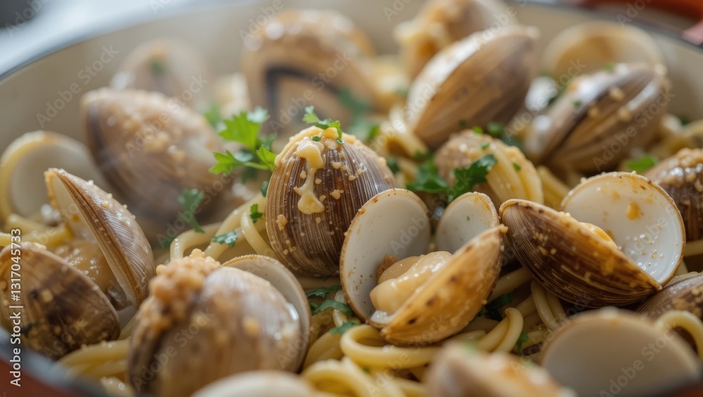 Delicious Spaghetti with Fresh Clams and Herbs Served in a Bowl with Steam Rising Delicious Spaghetti with Fresh Clams and Herbs Served in a Bowl with Steam Rising