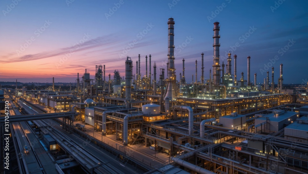 Illuminated Industrial Refinery at Dusk with Smokestacks and City View in the Background