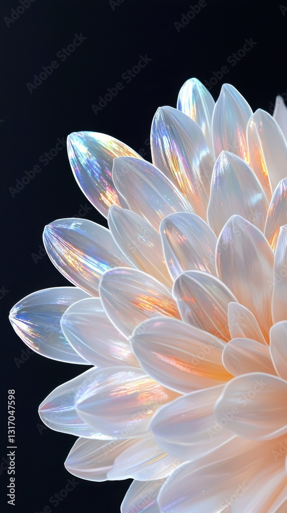 Iridescent Flower with Delicate White Petals Against Black Background, Natural Beauty Artwork Iridescent Flower with Delicate White Petals Against Black Background, Natural Beauty Artwork