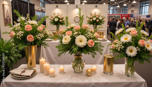 Elegant floral arrangement with gold vases, candles, and wedding decorations displayed at Spring Wedding Expo for luxury event branding