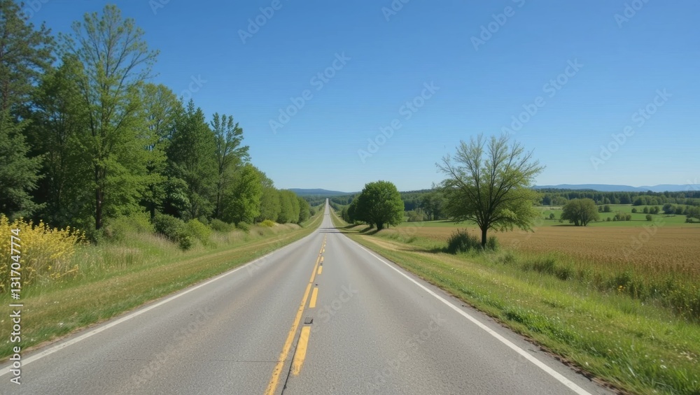 Lonely Stretch of Asphalt Road Surrounded by Lush Green Fields and Clear Blue Sky in Summer Lonely Stretch of Asphalt Road Surrounded by Lush Green Fields and Clear Blue Sky in Summer