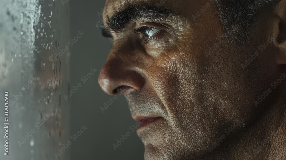 Fototapeta premium Man with Concentration Shows Intense Emotion in Close-Up Profile Shot