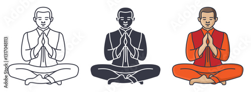 Vector illustration of a meditating monk in three styles: outline, solid, and color. The design represents mindfulness, spirituality, and inner peace. Ideal for meditation, yoga, Buddhism
