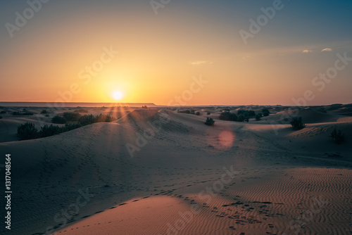 Sunrise over the sand dunes of Merzouga, Morocco.