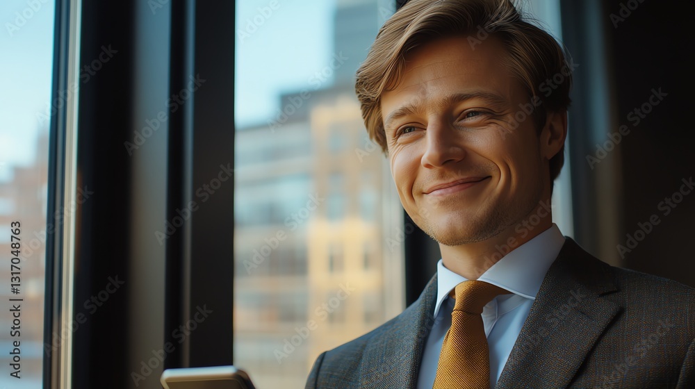 Smiling Professional in Modern Office with Smartphone by Window Smiling Professional in Modern Office with Smartphone by Window